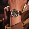 손목 시계 직사각형 프랑스 밴드 레트로 남성 시계 골격 자동 기계식 손목 시계 중공 스틸 스틸 수정 방수 231110