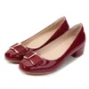 Dress Shoes Plus Size 32-41 Women Patent Leather Bow Designer Red Middle Heel Shallow Office Lady Thick Pumps