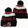 Casquettes pour hommes Devils Beanies NEW JERSEY Beanie Hats Toutes les 32 équipes tricotées à revers Pom rayé Sideline laine chaude USA College Sport Knit Hat Casquette de hockey pour femmes A