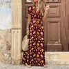 Casual Dresses 2023 Autumn Bohemian tryckt kvinnor Lång klänning V-Neck kort ärm med bälte kvinnliga mode eleganta strand damkläder