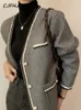 Womens Wool Blends CJFHJE Black Thicken Coat Women Autumn Fashion Button Up V Neck Winter Coats Vintage Long Sleeve Loose Elegant Lady Jackets 231110