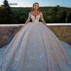 Off the Shoulder Wedding Dresses 2024 V-ringen lång ärm över hela glänsande pärlspetare paljetter spets lyxprinsessor bollklänning