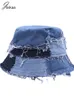 Stingy Brim Hats Joskaa Unique Beggar Y2K Denim Patchwork Fisherman Hat 2023 Fashion Holiday Casual Contrast Color Street Bucket Hats Summer 230411