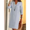 Party Dresses 2023 Summer Cotton Linen Dress Women's Large Size V-neck Long Sleeve Solid Female Loose Casual Fashion Ladies Clothes