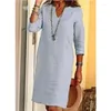 Festklänningar 2023 Summer Cotton Linen Dress Women's Large Size V-Neck Långärmad solid kvinnlig Loose Casual Fashion Ladies kläder