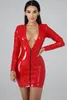 Casual Dresses Stretchy PU Faux Leather Deep V-neck Dress Women Long Sleeves Mini Package Hips Vestido Zipper Bodycon Nightclub Costume