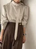 Camicette da donna Camicia con maniche a sbuffo autunnale stile coreano per donna 2023 Chic Mezza collo alto con lacci Tinta unita Vintage Casual Blusas