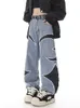 Jeans pour hommes Thug Club Pu Leaher broderie Patchwork Baggy Y2K Jeans femmes Streetwear droit surdimensionné Denim pantalon unisexe Cargo pantalon 231110