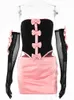 Two Piece Dress Articat Sexy Strapless Bows Trim Women Sets Black Gloves Tops Pink Skirts Female Summer Skinny Fashion Party Clubwear 230411