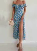 Casual Dresses Green Print Holiday Dress For Women Summer Sexig Square Collar Beach Dresses With Slit Slim Short Sleeve Midi Length Party Dress 230410