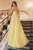 2024 Luxury Yellow Prom Dress paljetter Pärlor Spaghetti Rems ärmlös A-Line High-End Evening Evening Formal Party Gowns Celebrity Wear Robe de Soiree