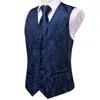 Men's Vests Hi-Tie Navy Blue Mens Silk Vest Fashion Paisley Jacquard Handkerchief Cufflinks Necktie Sleeveless Wistcoat Set Wedding Business