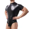 Maillots de corps en cuir PU body hommes Wetlook lutte Singlet à manches courtes Stretch avant fermeture éclair body Sexy noir Clubwear