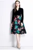 Basic Casual Dresses Vintage Autumn Ball Gown Dress Women V Neck Black Velvet Patchwork Flower Printed Long Sleeve High Waist Midi Vestidos With Belt 2024