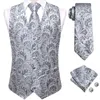 Coletes masculinos prateados brancos homens luxo seda sólida gravata lenço abotoaduras sem mangas terno colete conjunto designer de negócios hi-tie