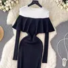 Basic Casual Dresses 2024 Korean Autumn Winter Black White Patchwork Ruffles Pencil Dress Chic Women O Neck Knitted Split Long Sleeve Sweater Vestido