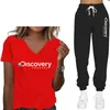 Tshirt Womens Discovery Womens Sportswear Summer Vneck Tshirt And calça TwoPiece Pink Print Fashion Casual Sports Jogging Suit 230411