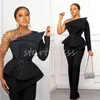 Aso Ebi African Evening Dress 2024 Elegant Long Sleeve Jumpsuit Prom Pantsuit With Beaded Plus Size Formal Robe de Soiree Custom Black Girls Party Vestios De Gala