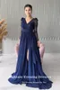 Eightale Abiti da sera blu navy Glitter con scollo a V in chiffon maniche lunghe Sparkly Prom Party Gown Laurea abendkleid damen