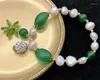 Strand HABITOO Beauty Natural 8-9mm White Freshwater Cultured Pearl Green Jade Crystal Pendant Bracelet Women's Fashion Bangle Jewelry