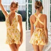 Kobiety Jumpsuits Women Ladies Summer Summer Backless V Neck Floral Rleeveless Playsit Romper szyfonowy mini skróty kombinezon plażowy Rompear