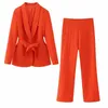 Kvinnor Tvåbitar byxor Kvinnas Elegant Orange Straight Laing Blazer Suit Spring Female Solid Event Matching Set Ladies High Maisted Suits 231110