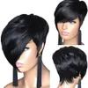 Kort pixie klippt mänskligt hår peruk för kvinnor peruansk jungfru mänskligt hår naturlig svart bob peruk med lugg glulösa grossist för svarta kvinnor