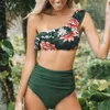 Kvinnors badkläder 2023 One Shoulder Ruffled High midje Bikini Set Women Sexig Green Floral Two Piece Swimsuit Swimming Suit I90