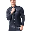Men's T Shirts Men Faux Leather Long Sleeve PU T-Shirts Sexy Fitness Tops Gay Latex T-shirt Tees Mens Stage Nightclub Party Clubwear