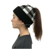 4 colori autunno/inverno caldo cappello di lana scozzese con bordi arricciati coda di cavallo di Natale lavorata a maglia casual da donna consegna di goccia Dhvtk