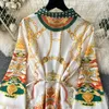 Podstawowe sukienki swobodne Autumn Bohemian Single Bered Botton Botton Linen Dress Women Lapel Collar Clar Vintage Print koronkowy pasek MAXI Vestidos 2024