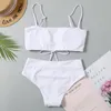 Menas de banho feminina Bandeau Bikinis 2023 Mulheres Alta cintura maiô de verão sólido verão feminino de banho de praia de roupa de banho BIQUINE 230411