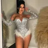 Women s Jumpsuits Rompers Sexy Bodysuit for Women Plunge Deep V Neck Sequined Off Shoulder Long Sleeve Hem Faeathers Jumpsuit 2023 Party Evening Clubwear 220410