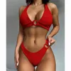 Kvinnors badkläder Movokaka Bikini Set Solid Halter Mid midja baddräkt för kvinnor Röd sexiga två stycken Beachwear 2023 Baddräkt Swimwearwomen