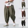 Calça masculina de moda masculina linho de algodão casual cores sólidas calças soltas calças de harém de cintura elástica de estilo japonês respirável mais tamanho#g3 w0411