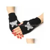 Five Fingers Gloves Women Girls Fingerless Gloves Fashion Rivet Rhinestone Flower Embroidery Black Warm Wool Knitted Half Fi Dhgarden Dhud9