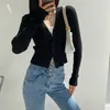 American V-neck knitted cardigan women's autumn winter elastic single breasted sweater hot girl high waist short navel revealing top