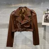 Frauen Leder 2023 Herbst Moto Stil Stickerei Buchstaben Schwarz Helle Pu Faux Jacke Frauen Mantel Gürtel GG192