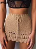 Skirts Aproms Elegant Handmade Cotton Crochet Mini Women Summer High Waist Bow Tie Skirt Ladies Beach Bikini Bottoms Saias 230411