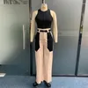 Calças de duas peças femininas conjunto de moda vestido de escritório em torno do pescoço sem mangas sem costas cor bloco top solto com bolsos streetwear