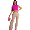 Pantalones de dos piezas para mujer Color neón Crochet Conjunto de mujer Pierna ancha Cuello largo y redondo Camisetas sin mangas recortadas 2 Trajes de punto de calle de vacaciones