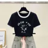 Miumius Tシャツデザイナーラグジュアリーファッション女性韓国語バージョン夏の新しい西部スタイルスリムフィットラウンドネックプリント半袖トップ