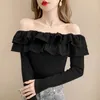 Bluzki damskie Śliczne na ramionach bluzki dla kobiet wiosna jesień Koreańska moda koszulka z długim rękawem Femme Blusen Damen Camiseta Mjer