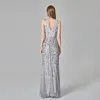 Silver Gray Elegant Fashion Evening Dresses Sexy Simple V Collar Open Back Sleeveless Embroidered Beads Fishtail Prom dress Gown