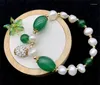Strand HABITOO Beauty Natural 8-9mm White Freshwater Cultured Pearl Green Jade Crystal Pendant Bracelet Women's Fashion Bangle Jewelry