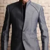 Men's Suits 2 Piece Tunic For Men With Stand Collar Custom Wedding Tuxedo Groom Gray Business Fashion Costume Jacket Pants