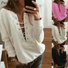 Vrouwen Sweatshirts Lace Up Tops 2023 Herfst Vrouwen Mode Sweatshirt Sexy Oogje Lace-Up Diepe V Ondergedompeld Lange mouw Capless Trui