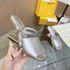 Designer Women Sandal Ff First Sandals Silver Leather High-Heeled Slide Blue Green Slides Metal Heel Slippers Dress Shoe