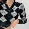 Cardigan in maglia da donna Donna Argyle Retro Harajuku Chic Femme Crops High Street Basic Casual Autunno Tender Studente Scollo a V Design Tutto-fiammifero