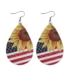 Dangle Chandelier New American Independence Day Earrings American Flag Stars Sunflower Doublesided PU Leather Water Drop Ear Rings Z0411